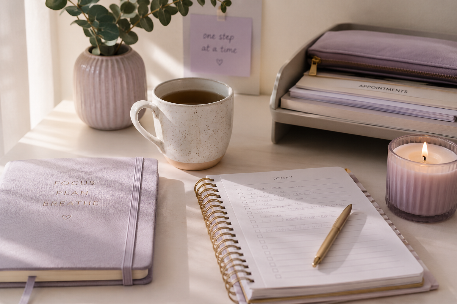 A warm cup of tea beside a planner and journal