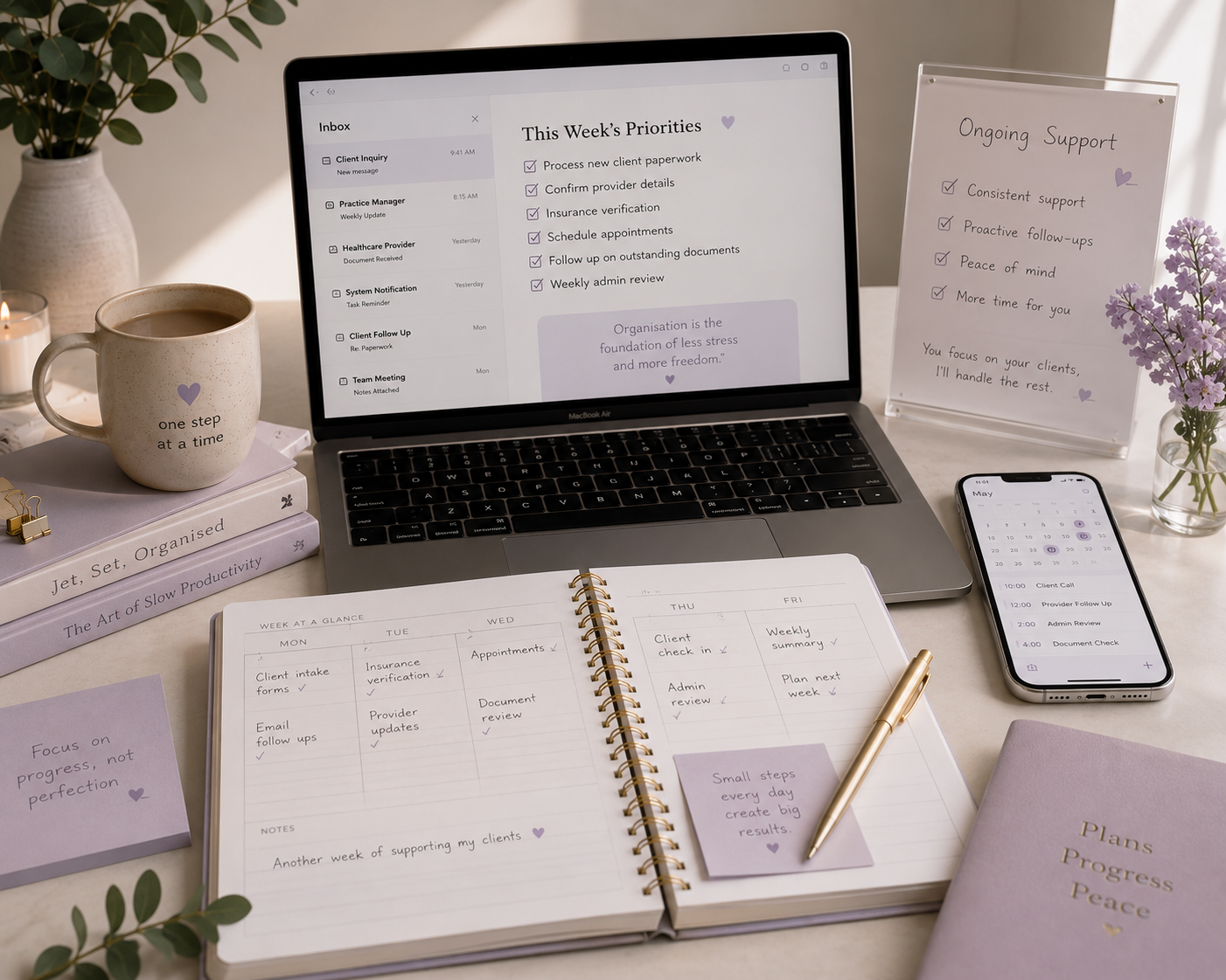 A tidy desk with a laptop showing the week's priorities
